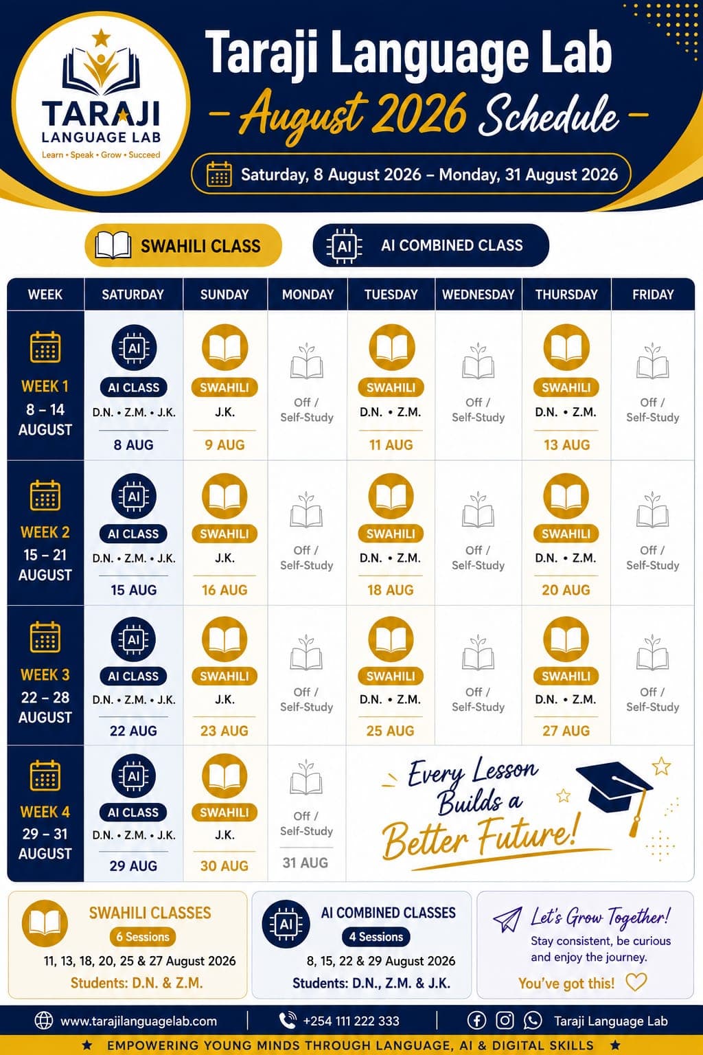 LANGUAGE LAB ACADEMY AUGUST TIMETABLE.